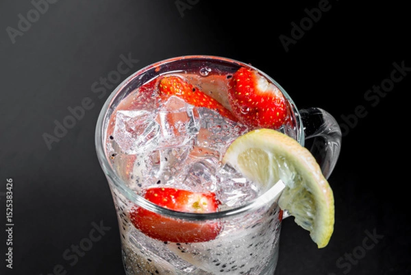 Obraz Top of a glass with a refreshing cocktail of pitahaya pieces and strawberries with lemon.