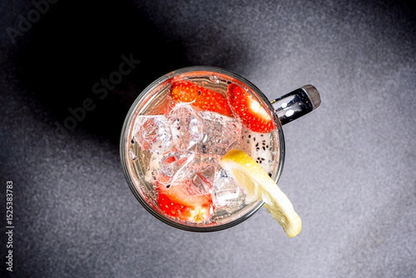 Obraz Top view of a refreshing cocktail of pitahaya and strawberry pieces with ice and lemon.