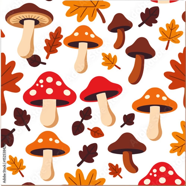 Fototapeta Mushroom and Autumn Leaves Pattern-Whimsical Fall Design-Cute Cartoon Mushrooms-Colorful Leaf Illustration-Nature Inspired Vector Art-Forest Themed Graphic