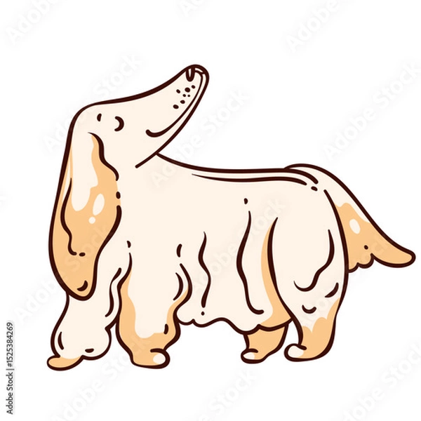 Fototapeta Long haired cream dog with beige spots, looking upward with floppy ears. Funny cartoon dog, drawn in a cute doodle style, for a pet sticker or playful mascot. Vector illustration