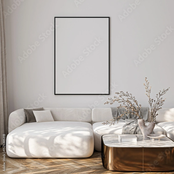 Fototapeta Frame mockup, ISO A paper size. Living room wall poster mockup. Interior mockup with house background. Modern interior design. 3D render
