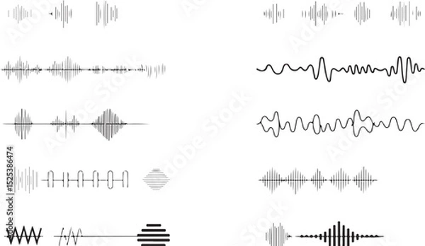 Fototapeta Dynamic vector waveforms in bold and thin styles for sound visualization, music interfaces, and digital signal representation