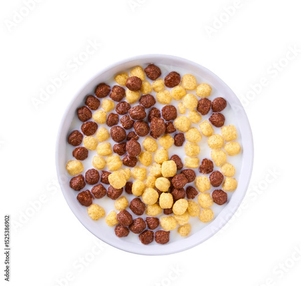 Fototapeta corn balls and chocolate corn balls with milk in a bowl isolated on a white background, top view.