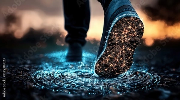 Fototapeta anti tracking on technology concept. A futuristic footstep creating a glowing digital pattern on the ground.