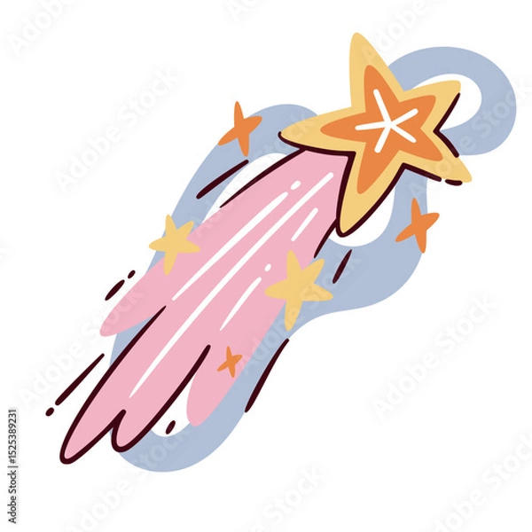 Fototapeta Bright orange shooting star with yellow glow and long pink trail, surrounded by sparkles. Cute cartoon doodle style. Outline vector illustration for girly design, stickers, or digital art.