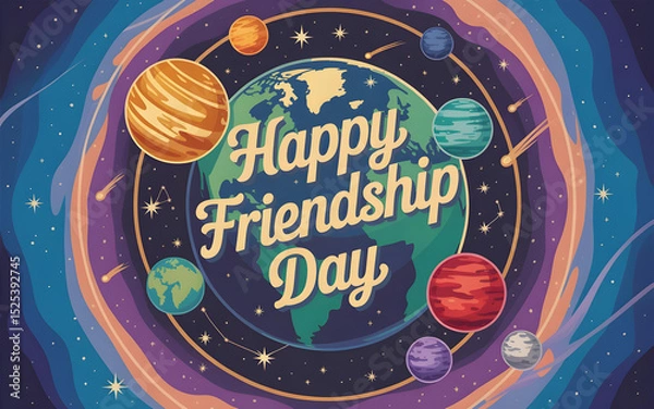 Fototapeta friendship day, earth, globe, planets, stars, space, background, colorful, illustration, celebration, greeting, outer space, galaxy, cosmos, universe, friendship, happy, text, design, art, graphic