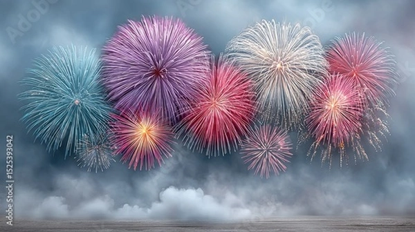 Fototapeta Multicolor Fireworks over Cloudy Stage