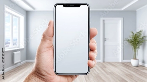 Obraz Hand Holding Smartphone with Blank Screen in Modern Room