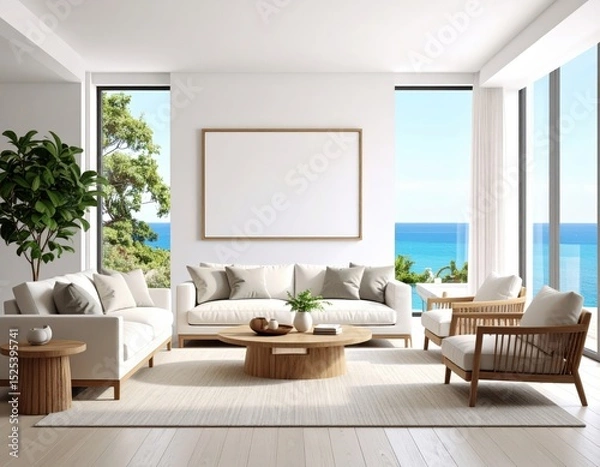 Fototapeta Coastal Living Room with Ocean View White Sofas and Blank Frame (1)