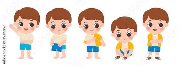 Obraz Cute little boy getting dressed step by step with happy smile in morning routine. Child learning to dress himself step by step, promoting independence and self-care skills.