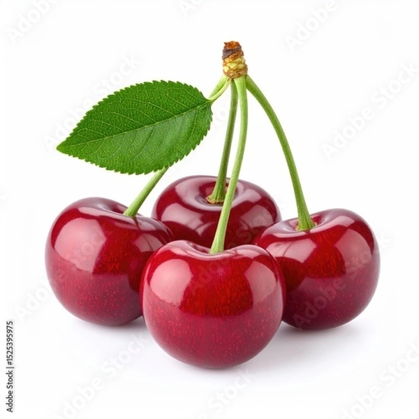 Fototapeta Fresh Red Cherries With Leaf Isolated on White Background