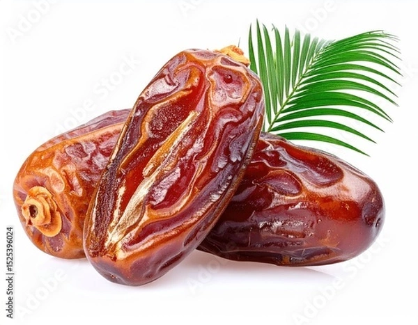 Fototapeta Fresh Medjool Dates with Green Palm Leaf Isolated on White Background