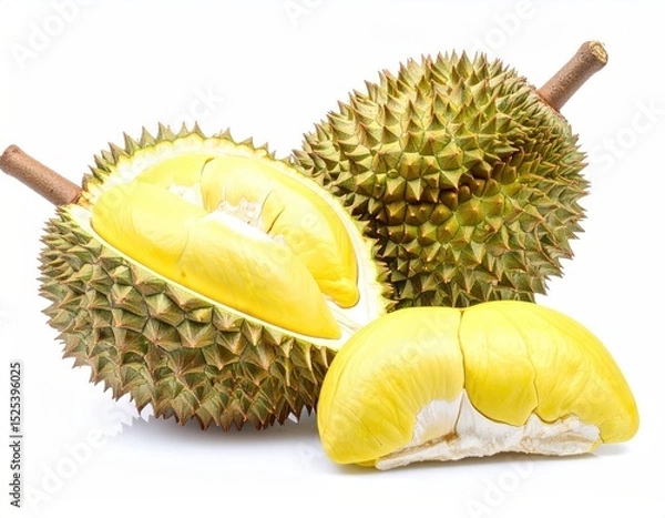 Fototapeta Fresh Durian Fruit on White Background with Distinctive Spiky Shells