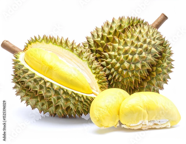 Fototapeta Fresh Durian with Spiky Shell and Creamy Yellow Flesh on White Background