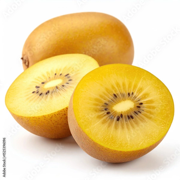 Fototapeta Yellow Kiwi Fruit Halved with Juicy Flesh and Seeds on White Background