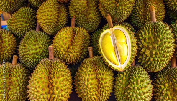Fototapeta Fresh Durian Fruits Displayed at Market with One Open Half Showing