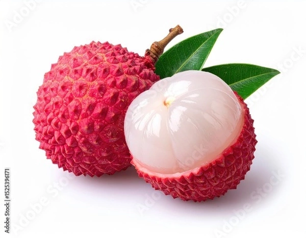 Fototapeta Fresh Lychee Fruits with Green Leaves Isolated on White Background