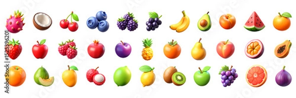 Fototapeta Large Big Set of 3D Fruits Icons – Glossy Minimal Emoji Style, Isolated PNG objects
