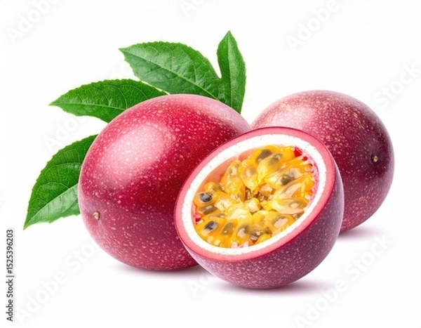 Fototapeta Fresh Passion Fruit with Leaves and Half Cut Showing Juicy Inside