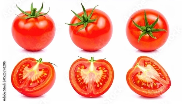 Fototapeta Fresh Red Tomatoes Whole and Sliced on White Background