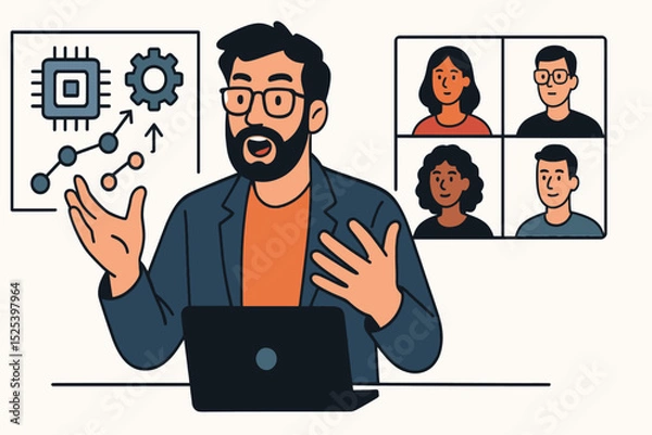 Fototapeta Chief Technology Officer explaining complex tech concept passionately during video conference call with participants