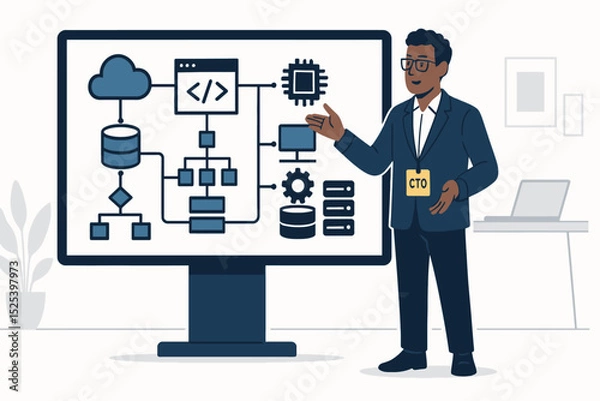 Fototapeta Chief Technology Officer presenting complex tech architecture on large interactive touchscreen display in workspace