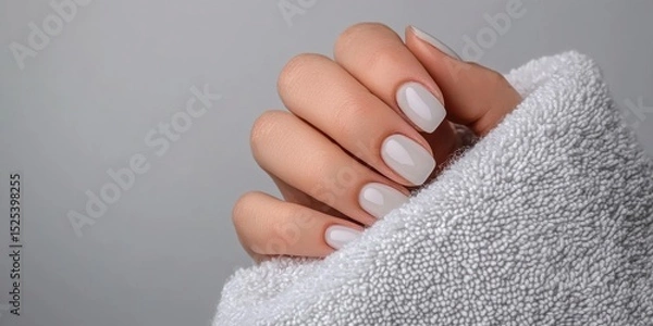 Obraz beautiful nail natural A close-up of a hand with manicured nails wrapped in a soft towel.