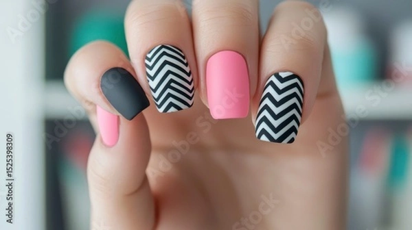 Obraz beautiful nail natural Colorful manicure with geometric patterns and vibrant shades on nails.