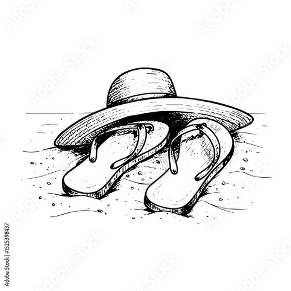 Fototapeta Beach scene with straw hat and flip-flops sketched for summer vacation illustrations