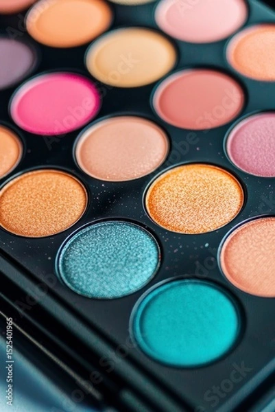 Obraz eyeshadow palette Colorful eyeshadow palette showcasing a variety of shades in a close-up view.
