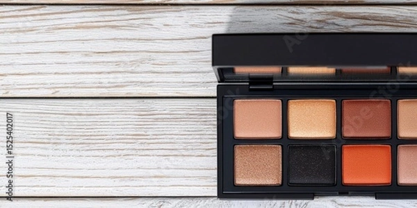 Obraz eyeshadow palette A makeup palette with various shimmering shades on a rustic wooden surface.