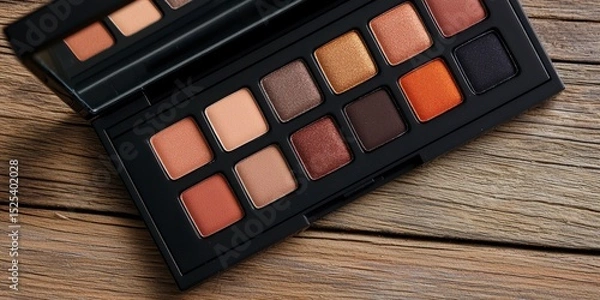 Obraz eyeshadow palette Makeup palette with neutral shades on a wooden surface.