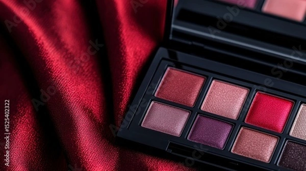 Obraz eyeshadow palette Cosmetic palette with shimmering shades placed on luxurious red fabric.