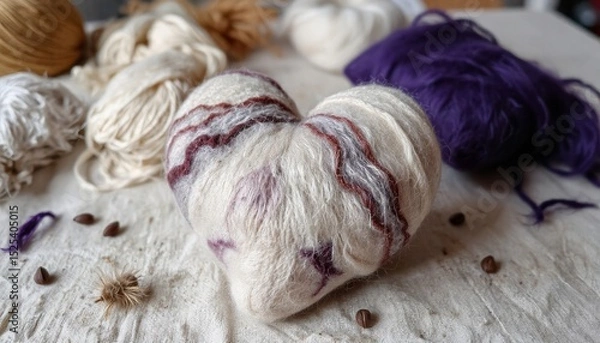 Fototapeta Heart-shaped knitted pillow surrounded by colorful yarns on a soft surface