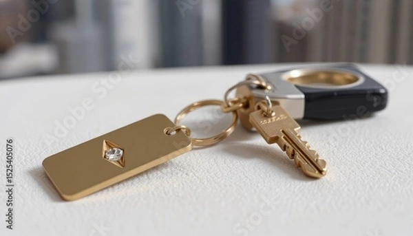Fototapeta Gold keychain with a diamond-studded tag and key on a sleek surface