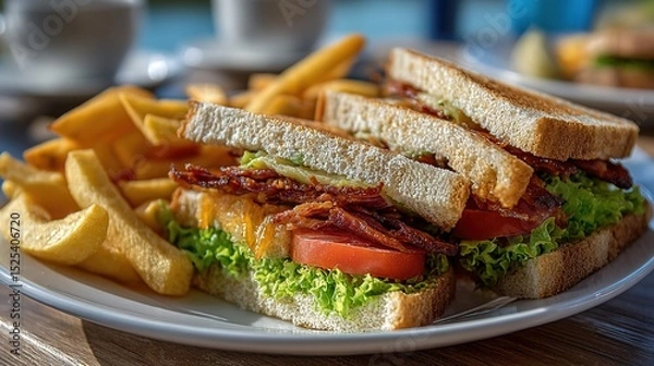 Fototapeta Close-Up of Toasted Bacon sandwich Lettuce Cheese Sandwich with Crispy Golden Fries – Delicious Meal on White Plate