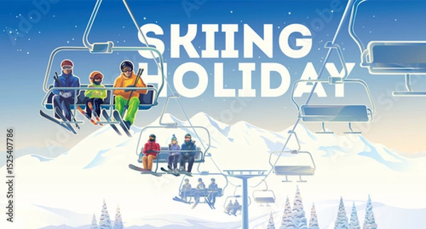 Fototapeta People vacationing at a ski resort, climbing a ski lift to go skiing, against the backdrop of a huge wite mountain range. Vector illustration.