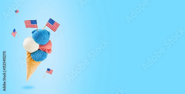 Obraz 4th of July Holiday background. Colorful ice cream cone with red, white and blue scoops patriotic colors flavors flying in air on blue background. Happy Independence Day concept. Mock up.