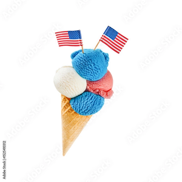 Obraz 4th of July Holiday Independence background. Mans hand holds colorful ice cream cone with red, white and blue scoops patriotic colors isolated on white background with clipping path. Design element.