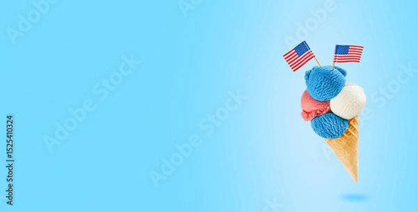 Obraz 4th of July Holiday background. Colorful ice cream cone with red, white and blue scoops patriotic colors flavors flying in air on blue background. Happy Independence Day concept. Mock up.