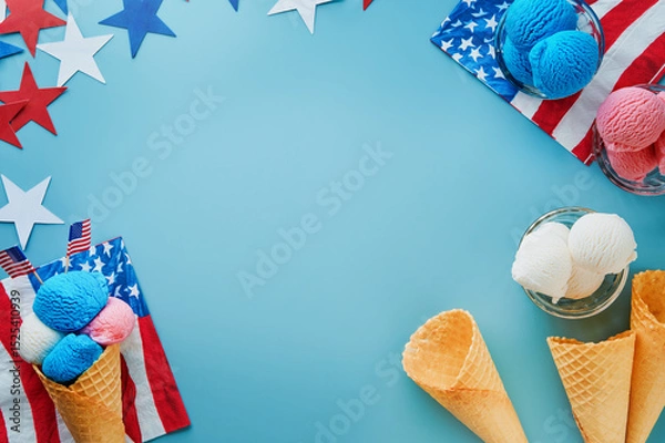 Obraz 4th of July Holiday background. Colorful ice cream cone with red, white and blue scoops patriotic colors flavors stars and flags on blue background. Top view. Happy Independence Day concept. Mock up.