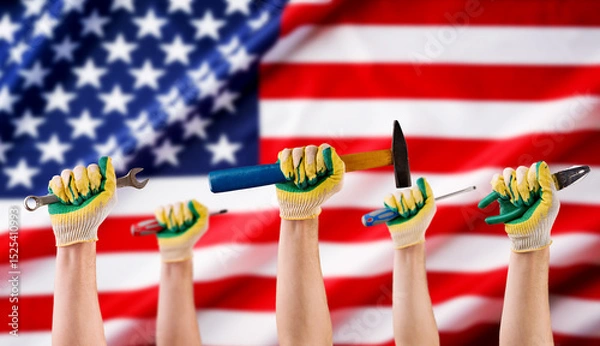 Obraz Hands of mans workers holds different tools hammer, wrench, screwdriver, pliers in gloves against background of American flag. Labor day concept. Holiday background.
