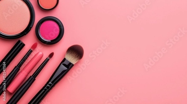 Obraz makeup colorful tone Makeup products arranged on a pink background, featuring lipsticks, brushes, and powders.