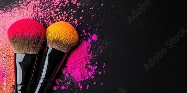 Obraz makeup colorful tone Makeup brushes with colorful powders on a dark background, showcasing beauty tools and artistry.