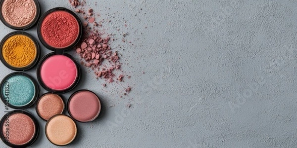 Obraz makeup colorful tone Colorful makeup powders arranged in containers on a textured background.
