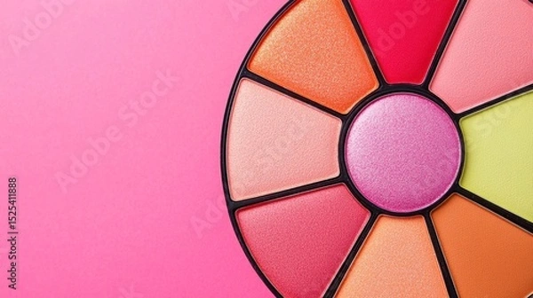 Obraz makeup colorful tone Colorful makeup palette on a pink background, featuring various shades for beauty applications.