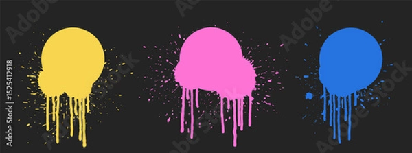 Fototapeta Grunge circle backgrounds set with paint drops. Paint drip. Splatter round frames set. Grunge stains. Ink splash. Round grunge backdrops. Liquid dripping collection.