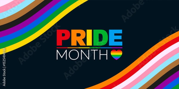 Obraz Pride Month banner with text and LGBT rainbow wavy flag, LGBTQ pride stripes background