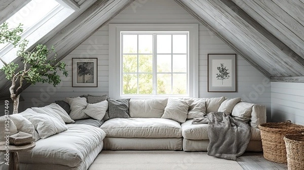 Fototapeta Rustic Attic Room with Triangular Window, Wooden Beams, Cozy Sofa, and Sunlit Green View – Serene Interior