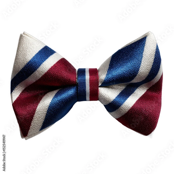 Fototapeta Stylish bow tie featuring red, white, and blue stripes, ideal for formal events, adds elegance and flair to outfits. Isolated on white background or PNG